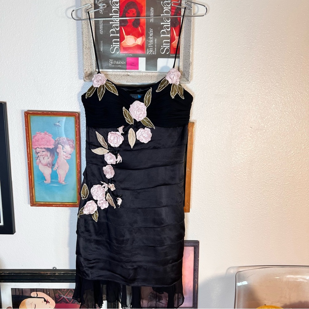 Sue Wong Black Dress with Pink Floral Embellishments
